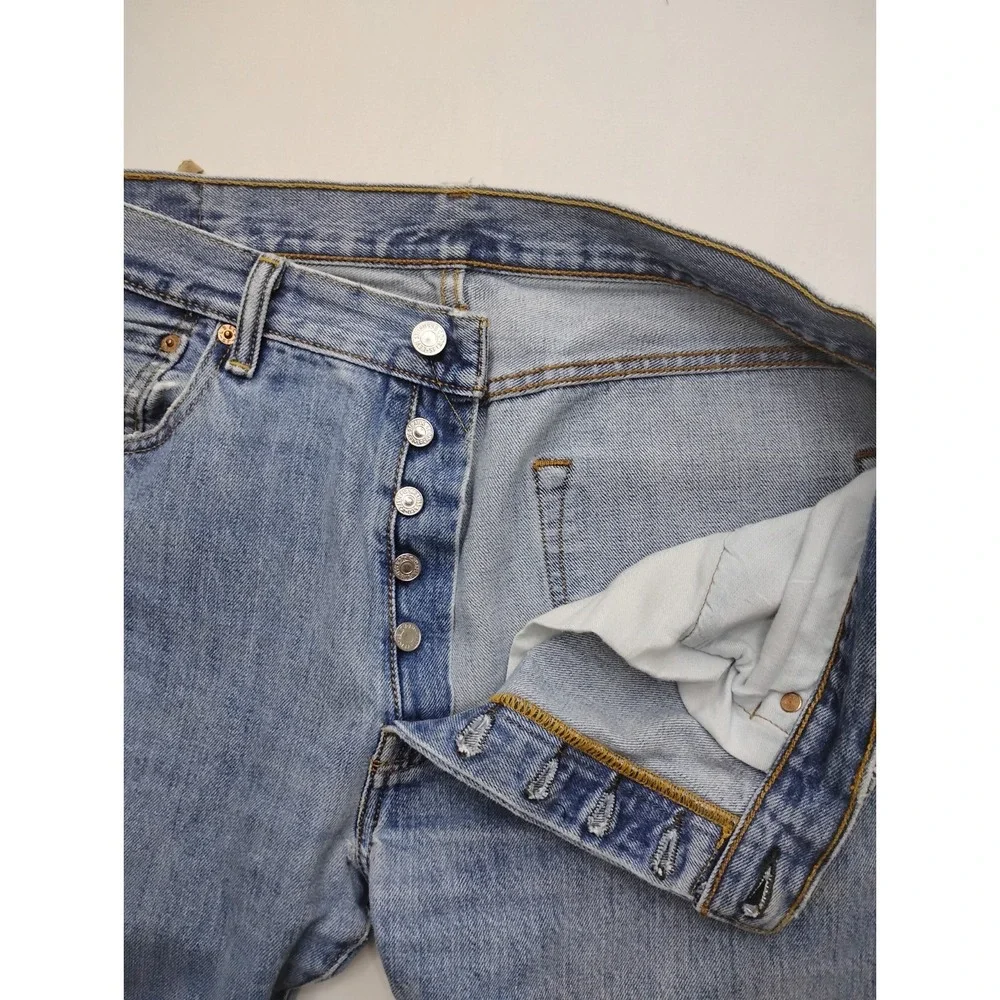 Levis 501 Jeans 34x34 Light Wash Blue Denim Button Fly Trashed Distressed
